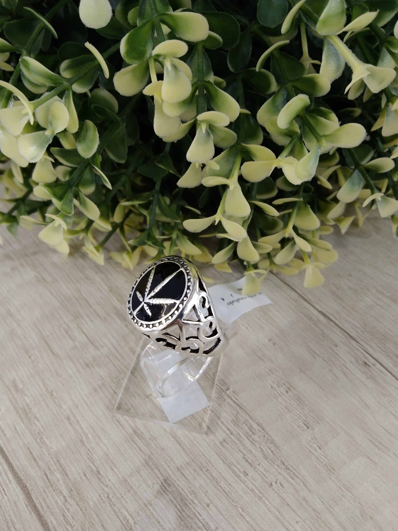 Anillo acero plateado hoja