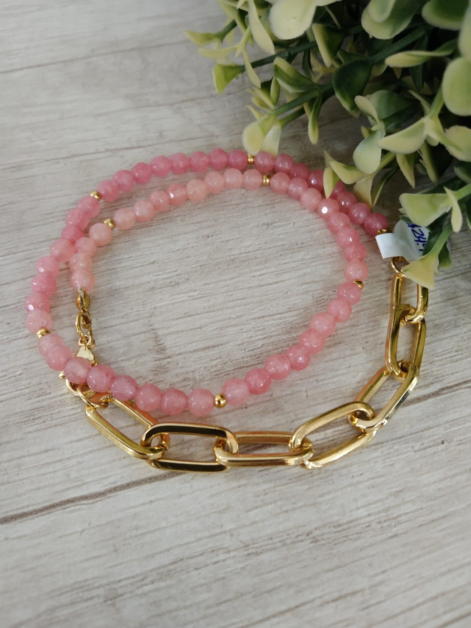 Pulsera doble agatas rosa ba?o en oro eslabones