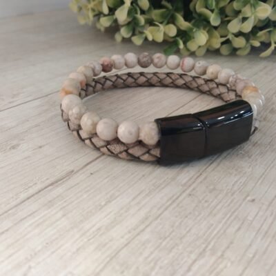 Pulsera cuero beige con piedra natural 22cm
