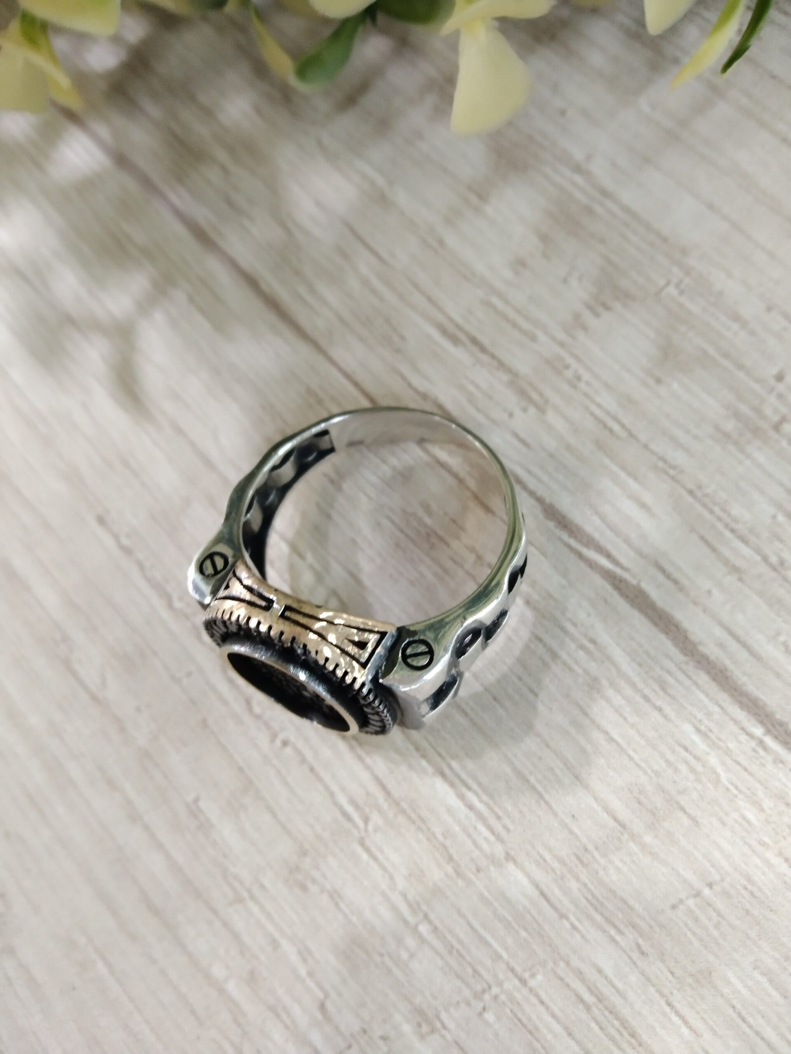 Anillo plata envejecida sello circones negros nro 25 - Imagen 4