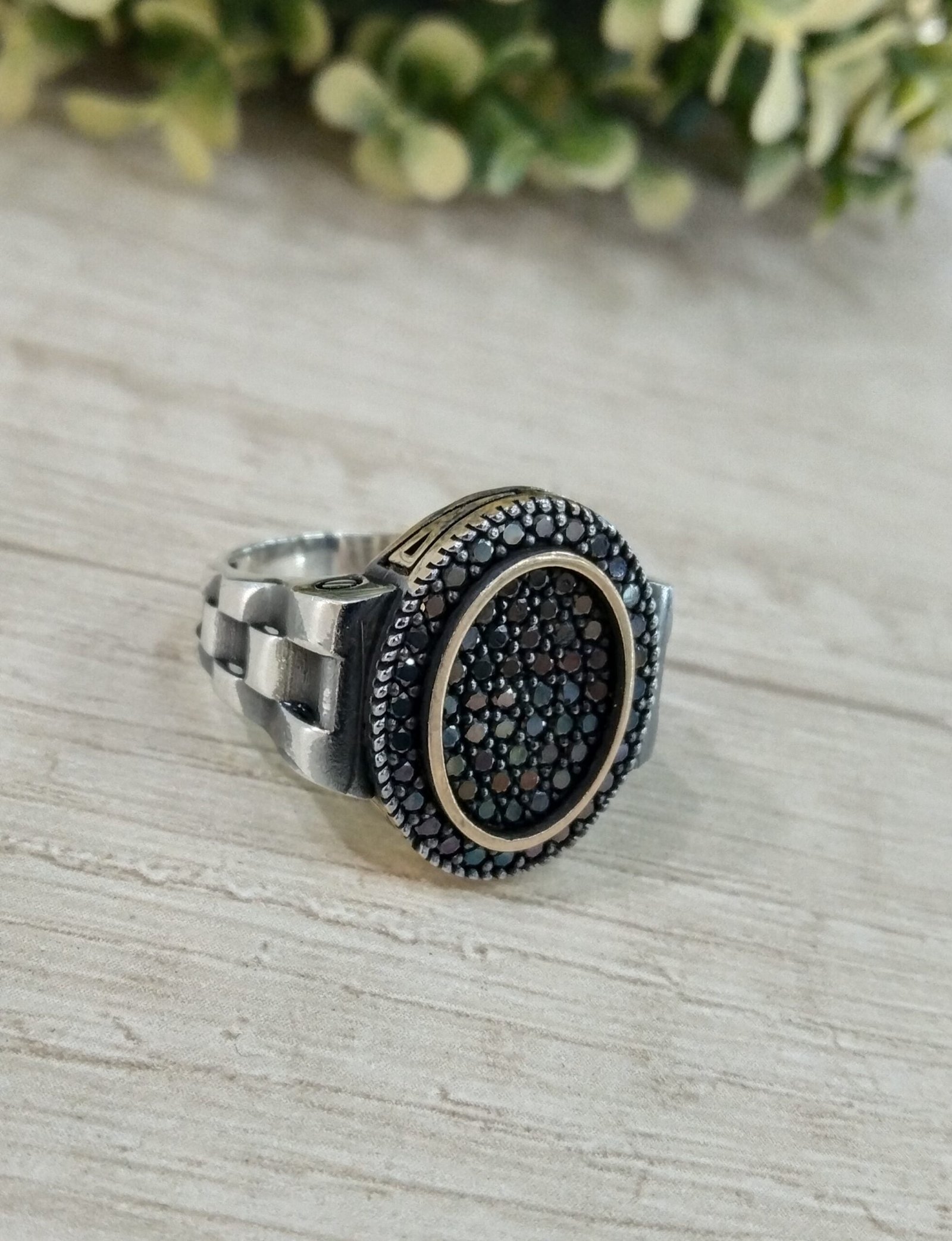 Anillo plata envejecida sello circones negros nro 25 - Imagen 3