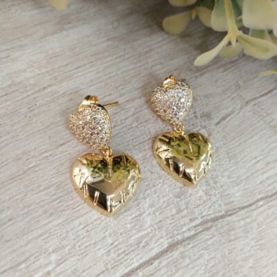 Aros Doble coraz?n circones ba?o en oro