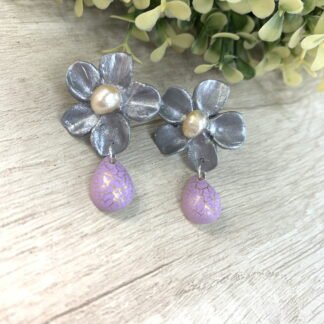 Aros cer?mica Flor Gris/Gota lila