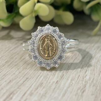 Anillo plata con oro Virgen de los rayos circones nro 17