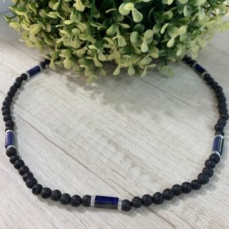 Collar piedra volcanica/lapislazuli. Acero