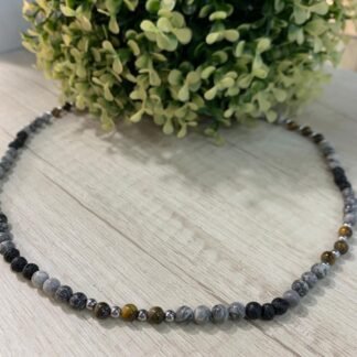 Collar piedra volcanica/ ojo de tigre/ fosil. Acero