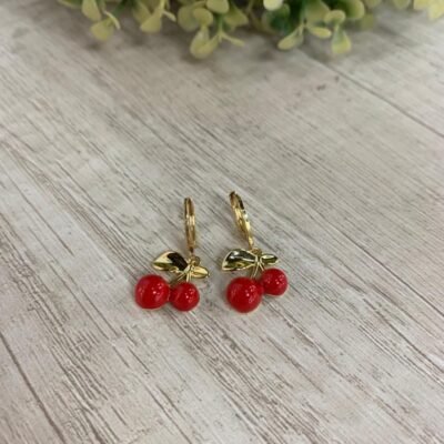 Aros cerezas hoja baño oro