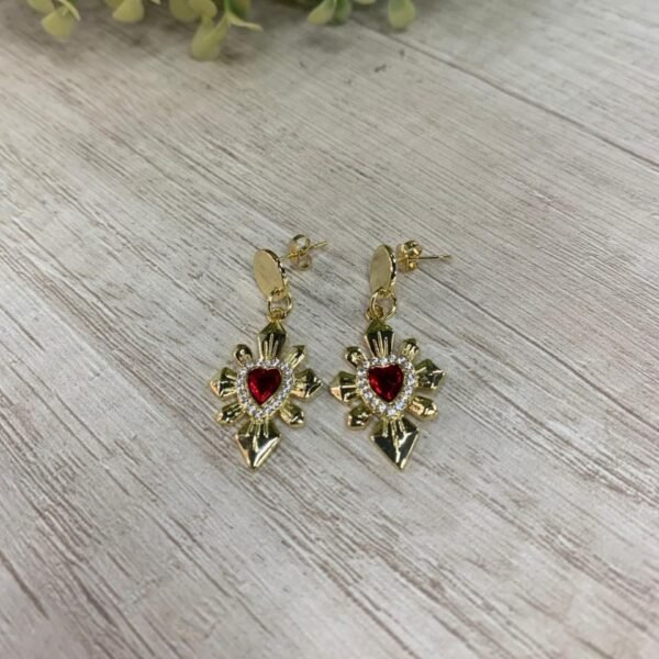 Aros corazon rojo detente baño oro