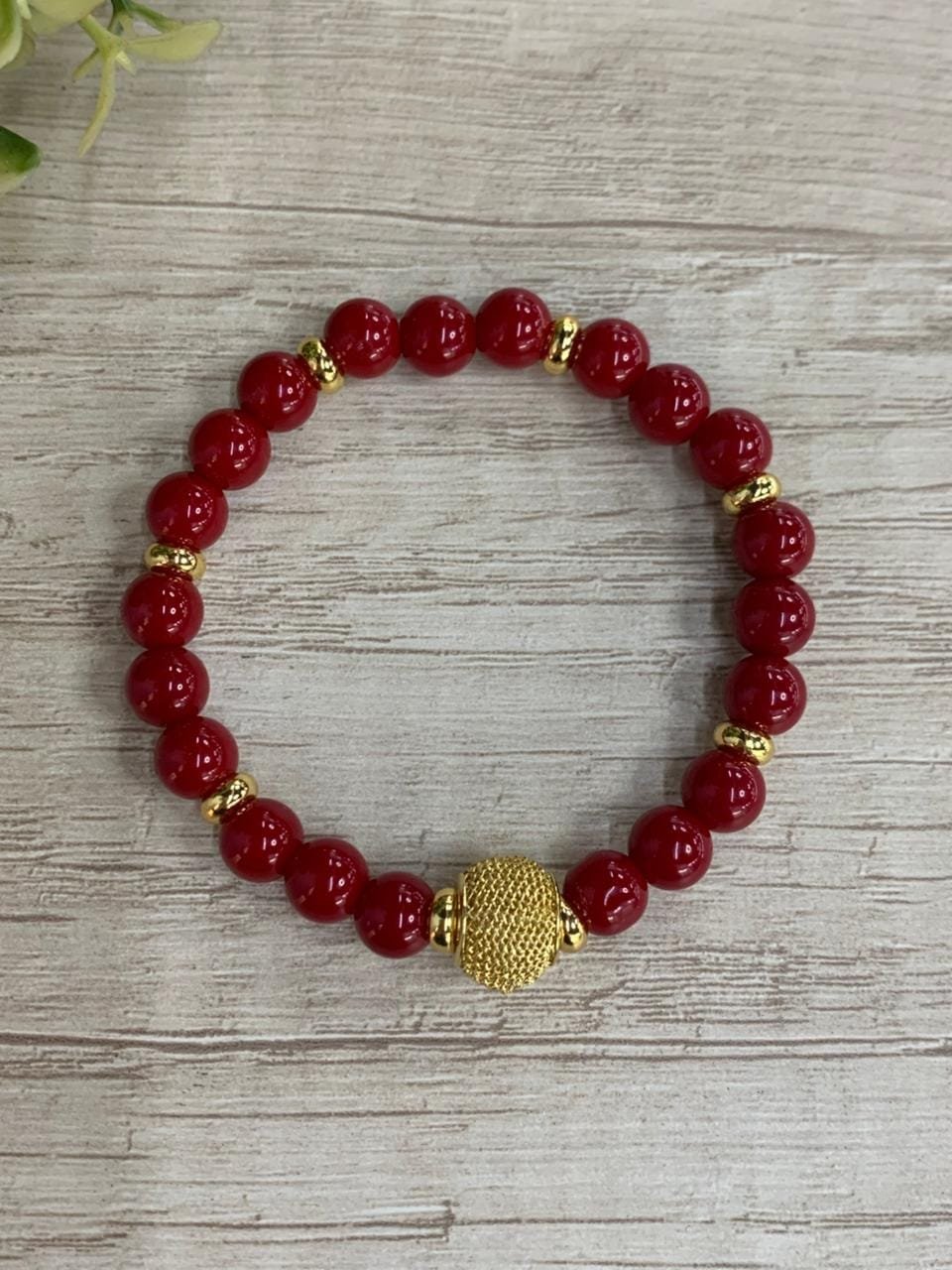 Pulsera elasticada jade rojo baño oro - Imagen 2