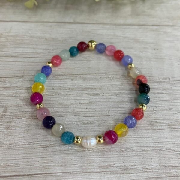 Pulsera Agata multicolor elasticada Baño en Oro