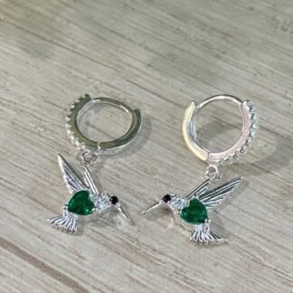 Aros plata Colibrí circón verde huggie