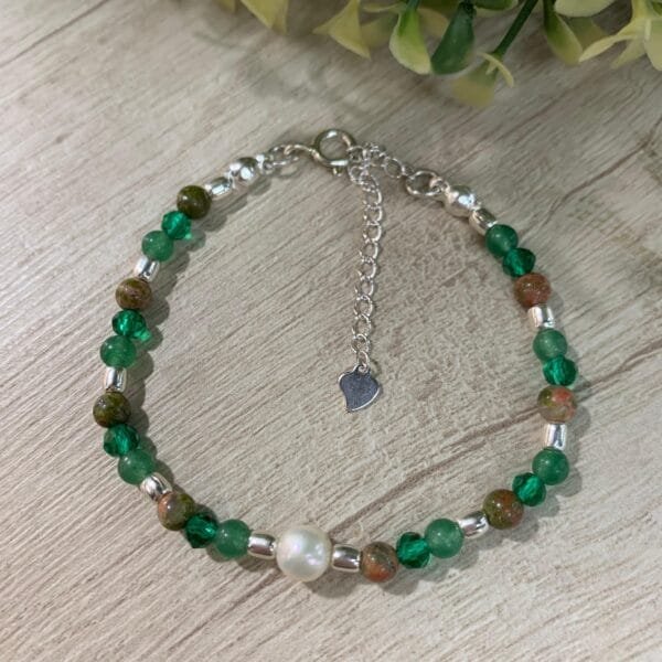 Pulsera plata perla rio unakita jade verde