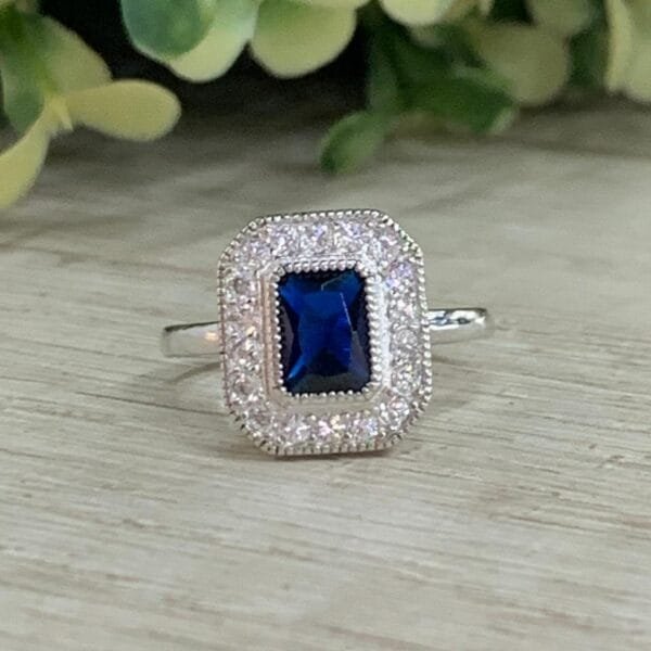 Anillo plata rodinada inglés vintage azul N 17