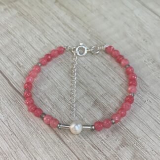 Pulsera plata agatas rosadas y perla de rio