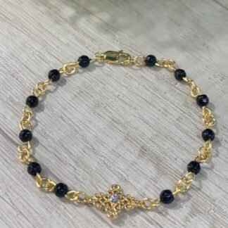 Pulsera agatas negras dije baño oro