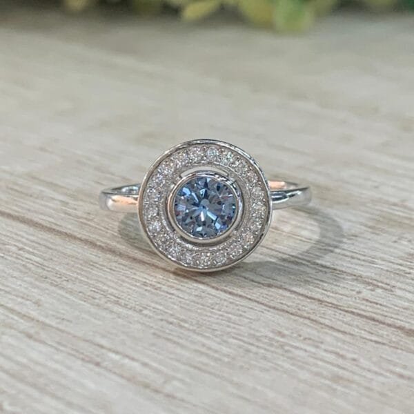 Anillo plata rodinada solitario redondo celeste N 16