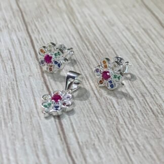 Conjunto plata flor circones multicolor