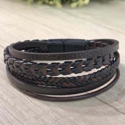Pulsera outdoor cuero negro café trenzado 5 tiras 20,5 cm