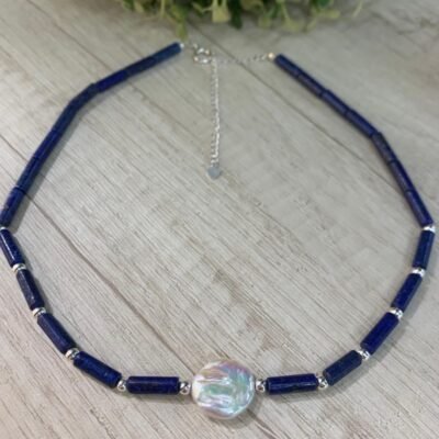 Collar plata lapislazuli tubular perla barroca