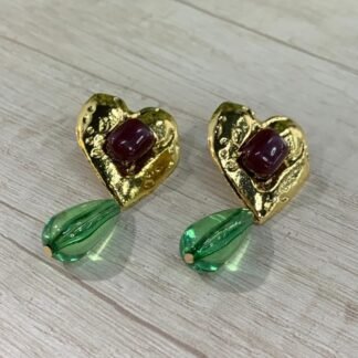 Aros corazon dorado gota verde fantasia fina
