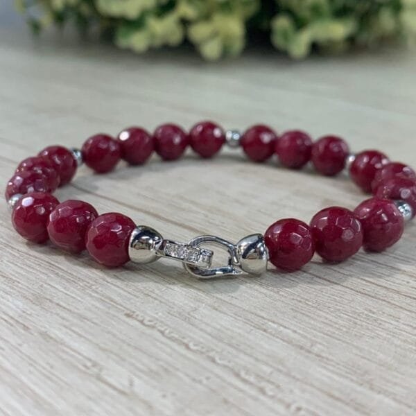 Pulsera agatas burdeo baño plata