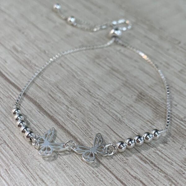 Pulsera plata doble mariposa esferas veneciana ajustable