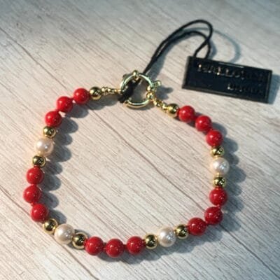 Pulsera mallorca roja/perla broche timon baño oro 19 cm