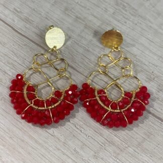 Aros abanico cristales rojos baño oro