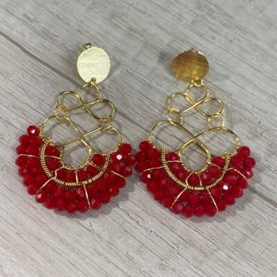 Aros abanico cristales rojos baño oro