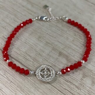 Pulsera plata 925 cristales rojos nudo de bruja circulo