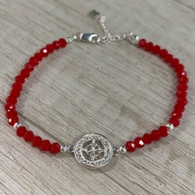 Pulsera plata 925 cristales rojos nudo de bruja circulo