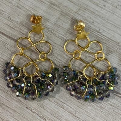 Aros abanico cristales gris tornasol baño oro