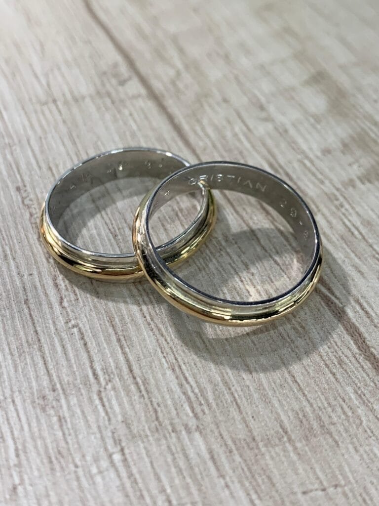 Par de anillos de matrimonio bicolor plata y oro 18k 5 mm