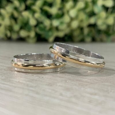 Par de anillos de matrimonio bicolor plata y oro 18k 5 mm