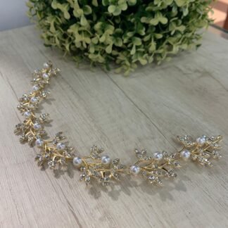 Tocado novia perlas hojas dorado