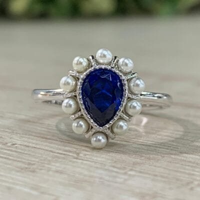 Anillo plata rodinada gota azul perla N11