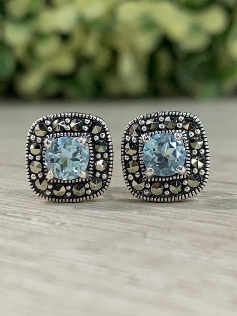 Aros plata rodinada aguamarina marquesita