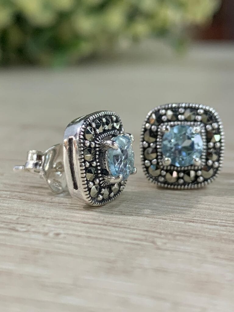 Aros plata rodinada aguamarina marquesita