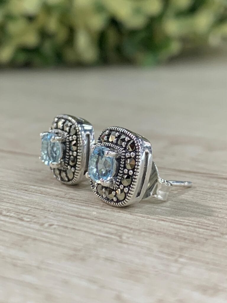 Aros plata rodinada aguamarina marquesita