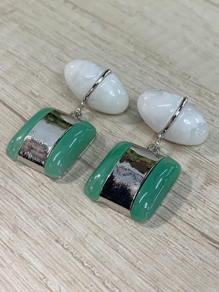 Aros resina plateados marmoleado blanco verde