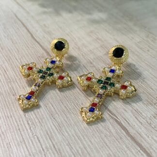 Aros cruz gotico multicolor baño oro