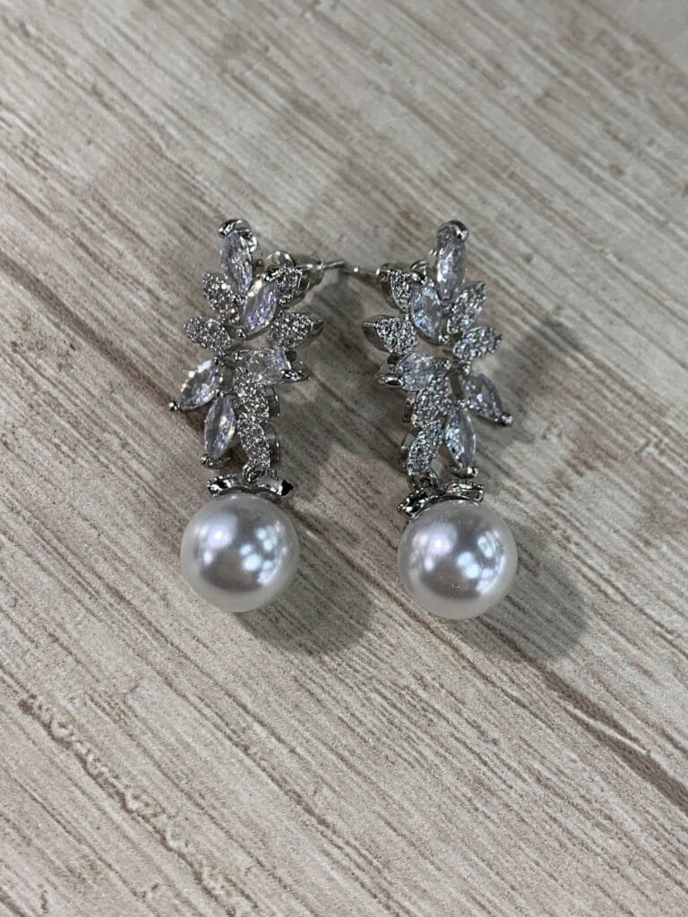 Aros novia hojas circon perla FF