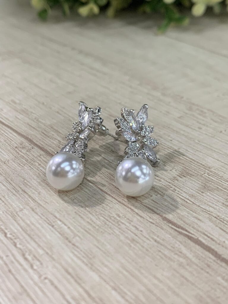 Aros novia hojas circon perla FF