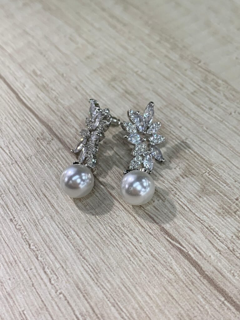 Aros novia hojas circon perla FF