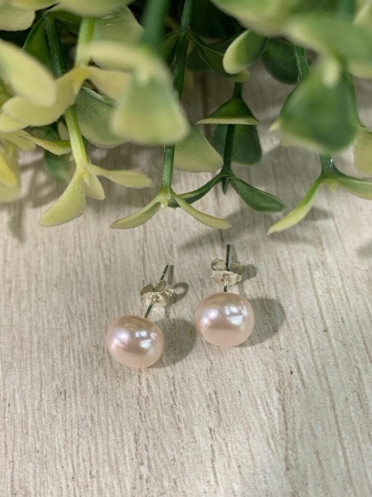 Aros plata perla rosa achatada 8mm